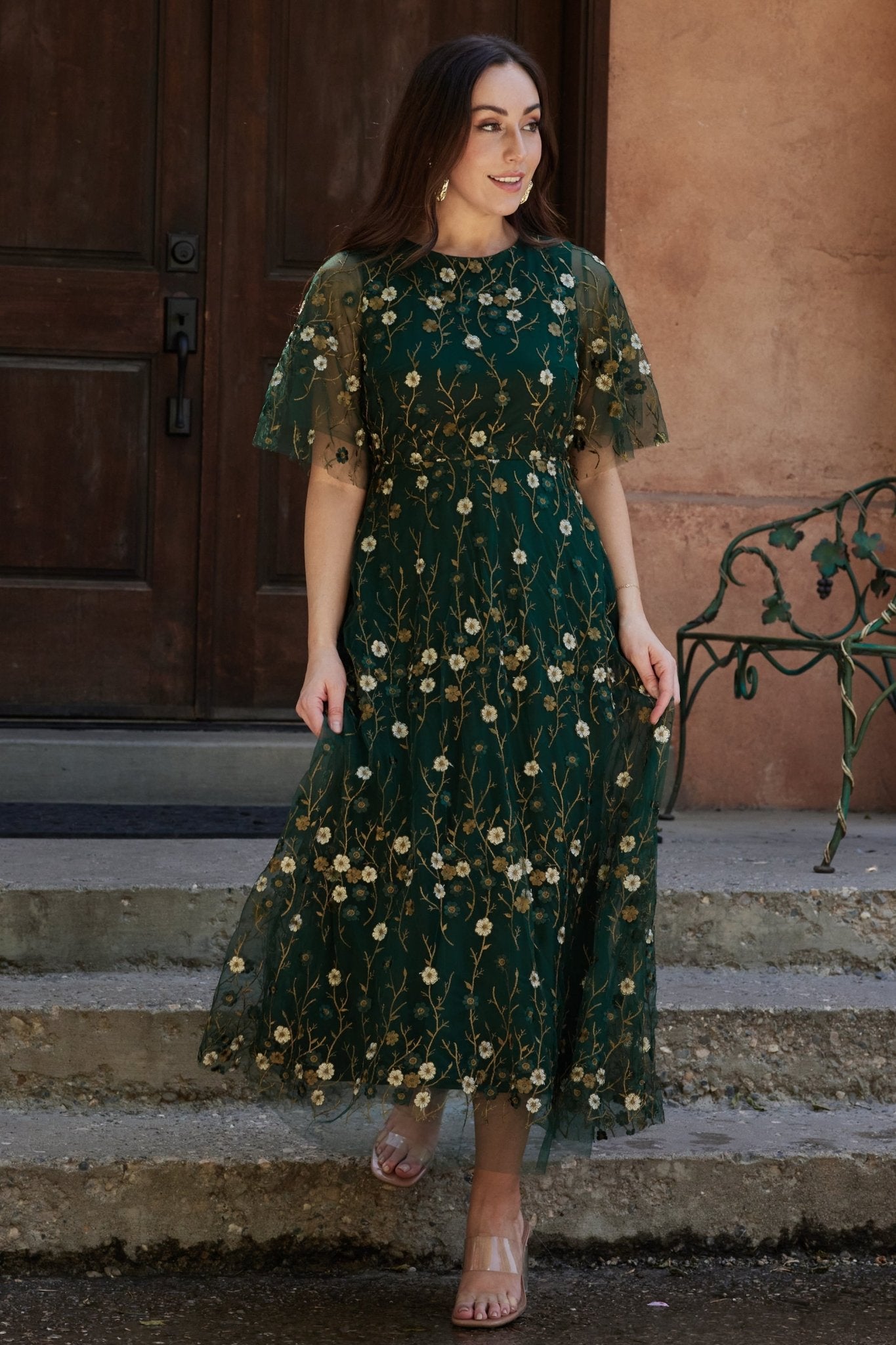 Arabella Embroidered Tulle Maxi Dress Dark Green Floral
