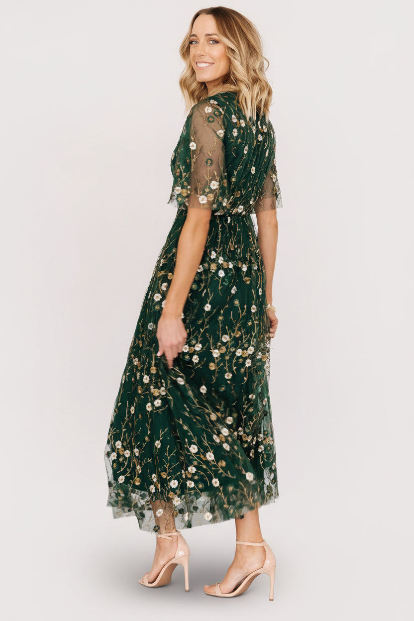Arabella Embroidered Tulle Maxi Dress | Dark Green Floral
