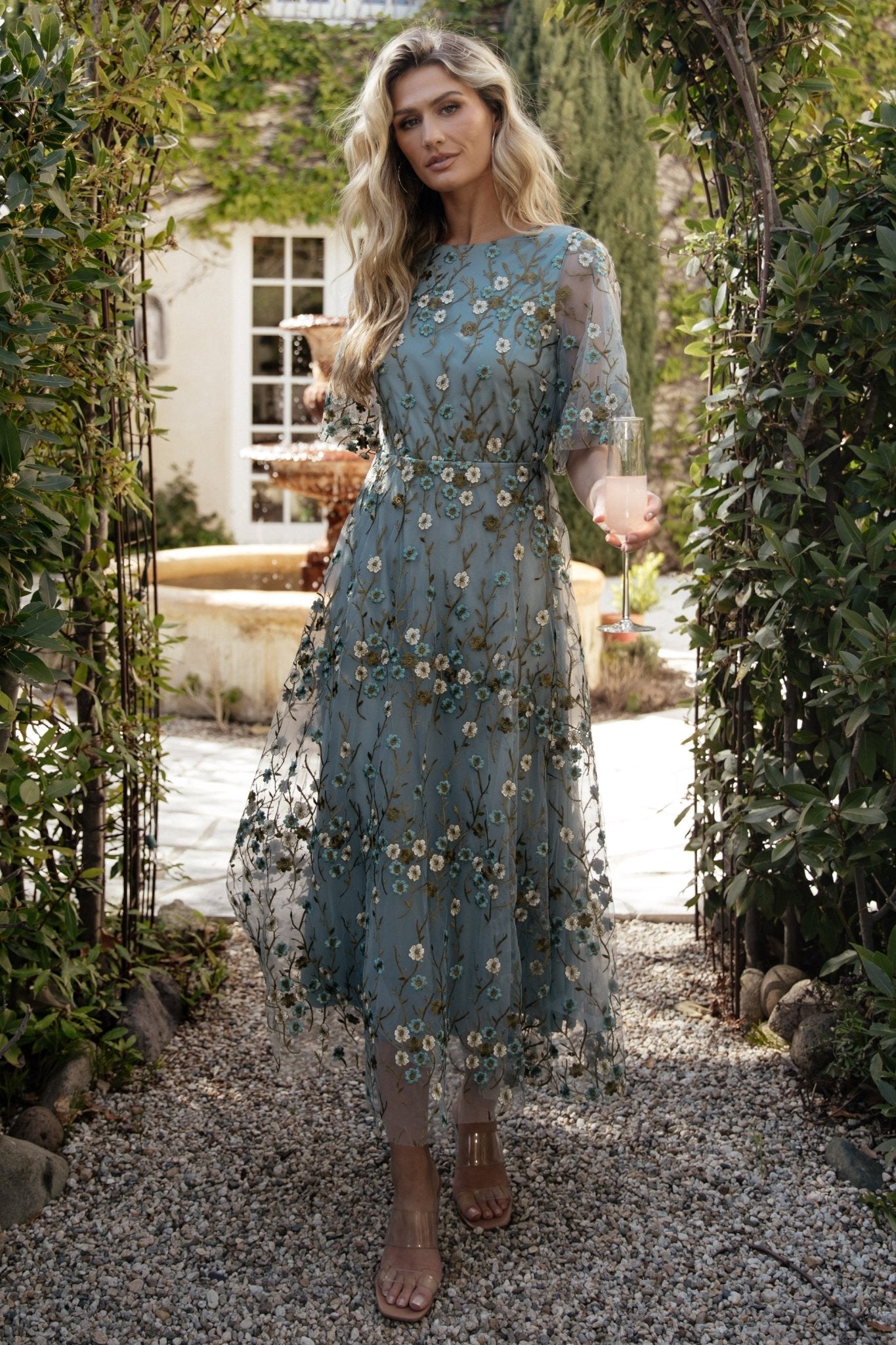 Arabella Embroidered Tulle Maxi Dress Dusty Blue Floral