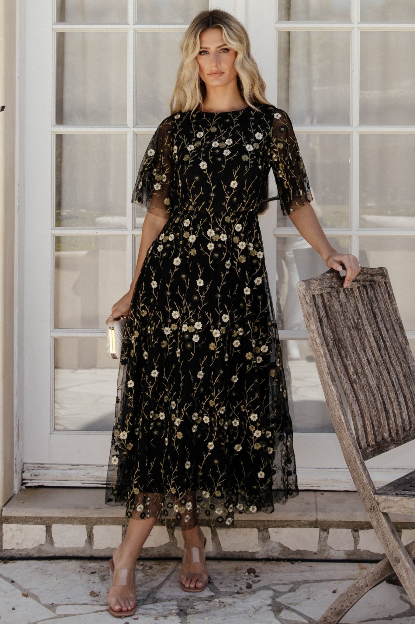 Arabella Embroidered Tulle Maxi Dress Gold Black