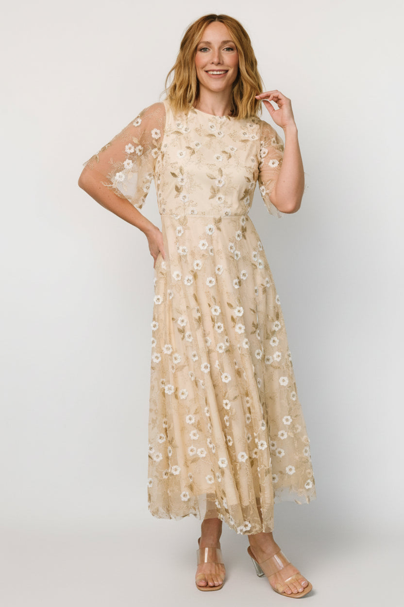 Arabella Embroidered Tulle Maxi — Gold & White