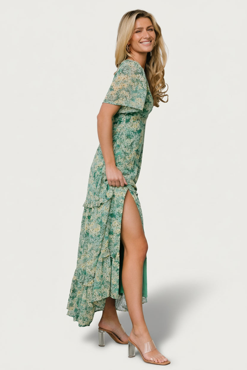 Audrey Deep V Maxi Dress | Green Floral