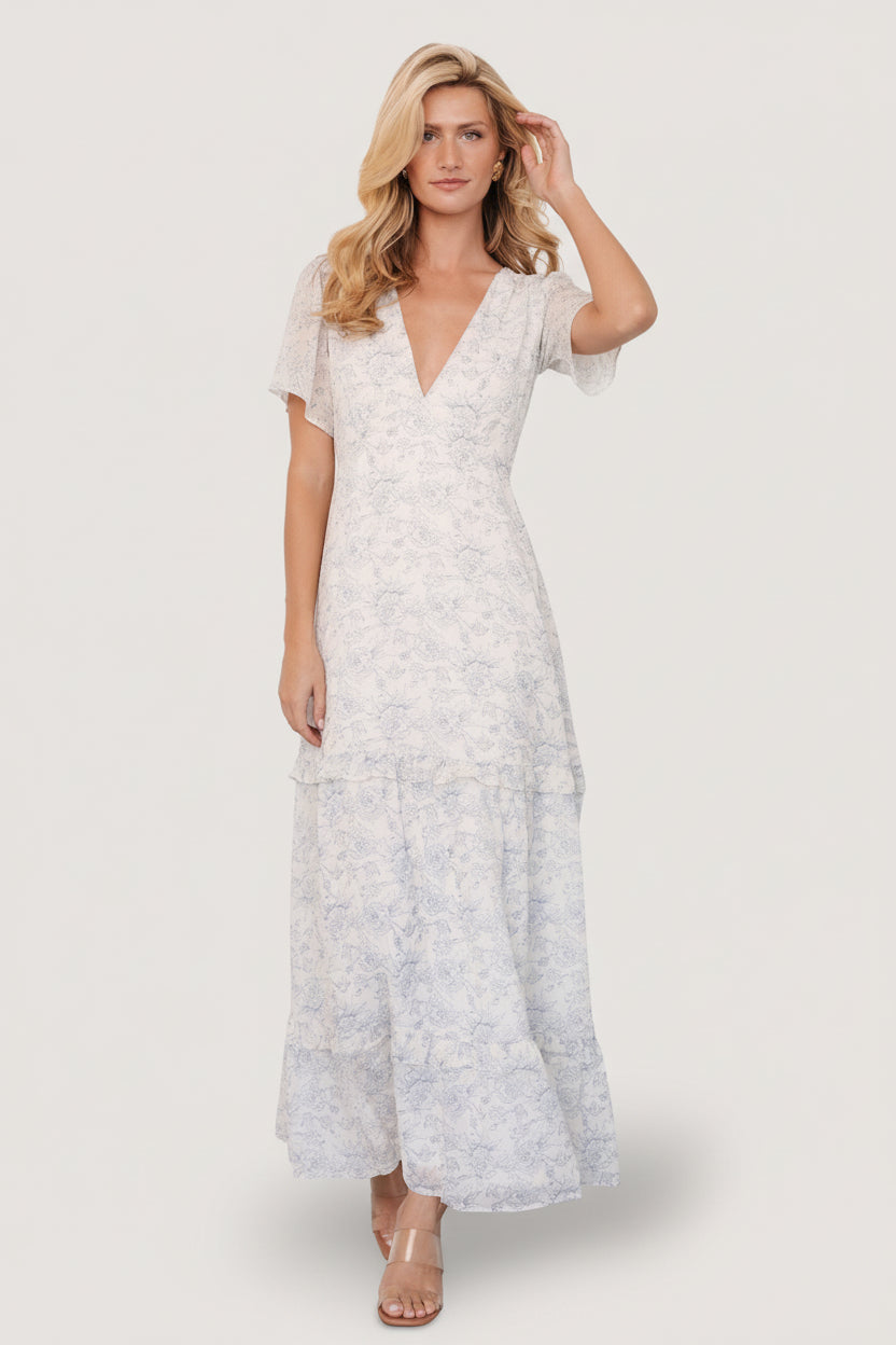 Baltic Born Womens Audrey Deep V Maxi Dress | Off White + Blue Floral | Size: Small