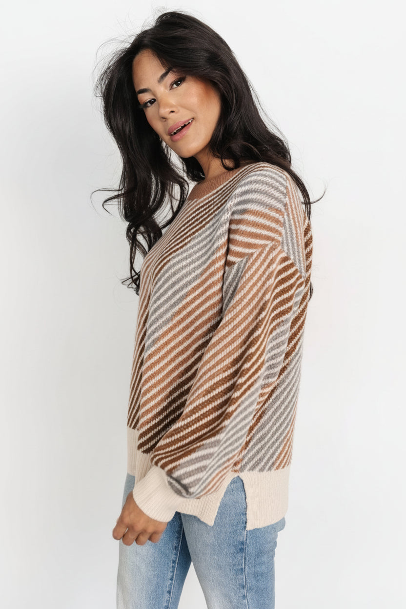 Detail close-up of sleeve and cuff showing bubble sleeve shape, ribbed cuff, and multi-color stripe knitting on a soft sweater fabric.