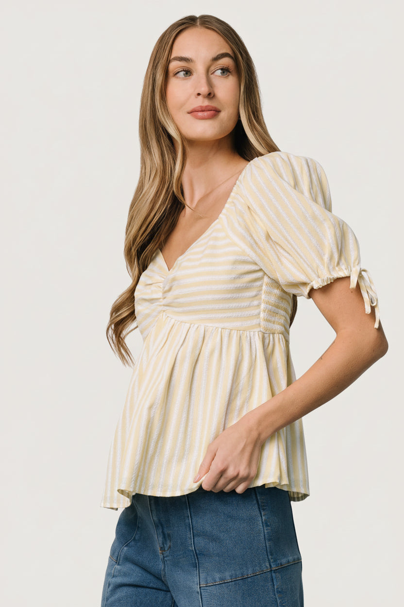 Betsy Peplum Top | Yellow + White Stripe
