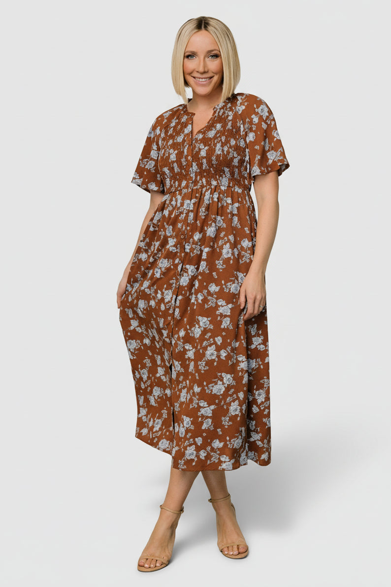 Botega Midi Dress — Brown & Blue Floral Midi