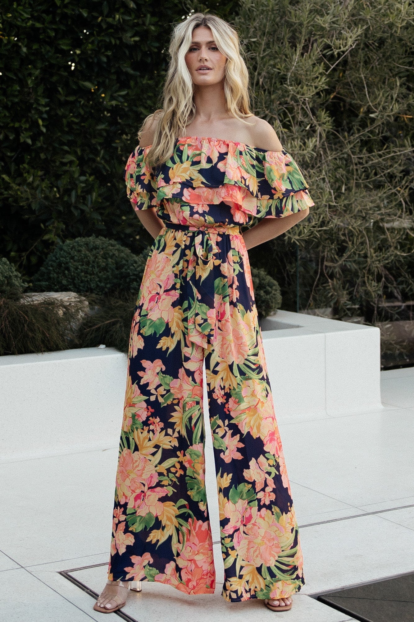 Capistrano Ruffle Jumpsuit Navy Floral - Main Image