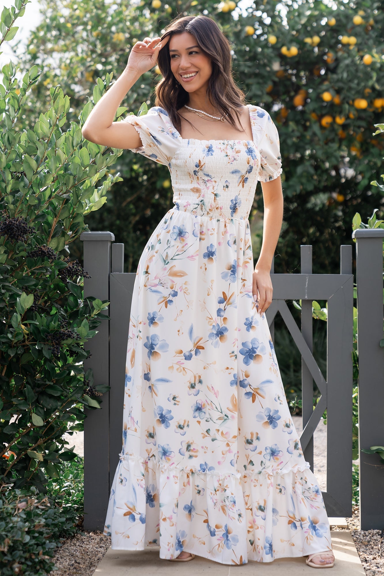 Capri Smocked Maxi Dress White Multi Print