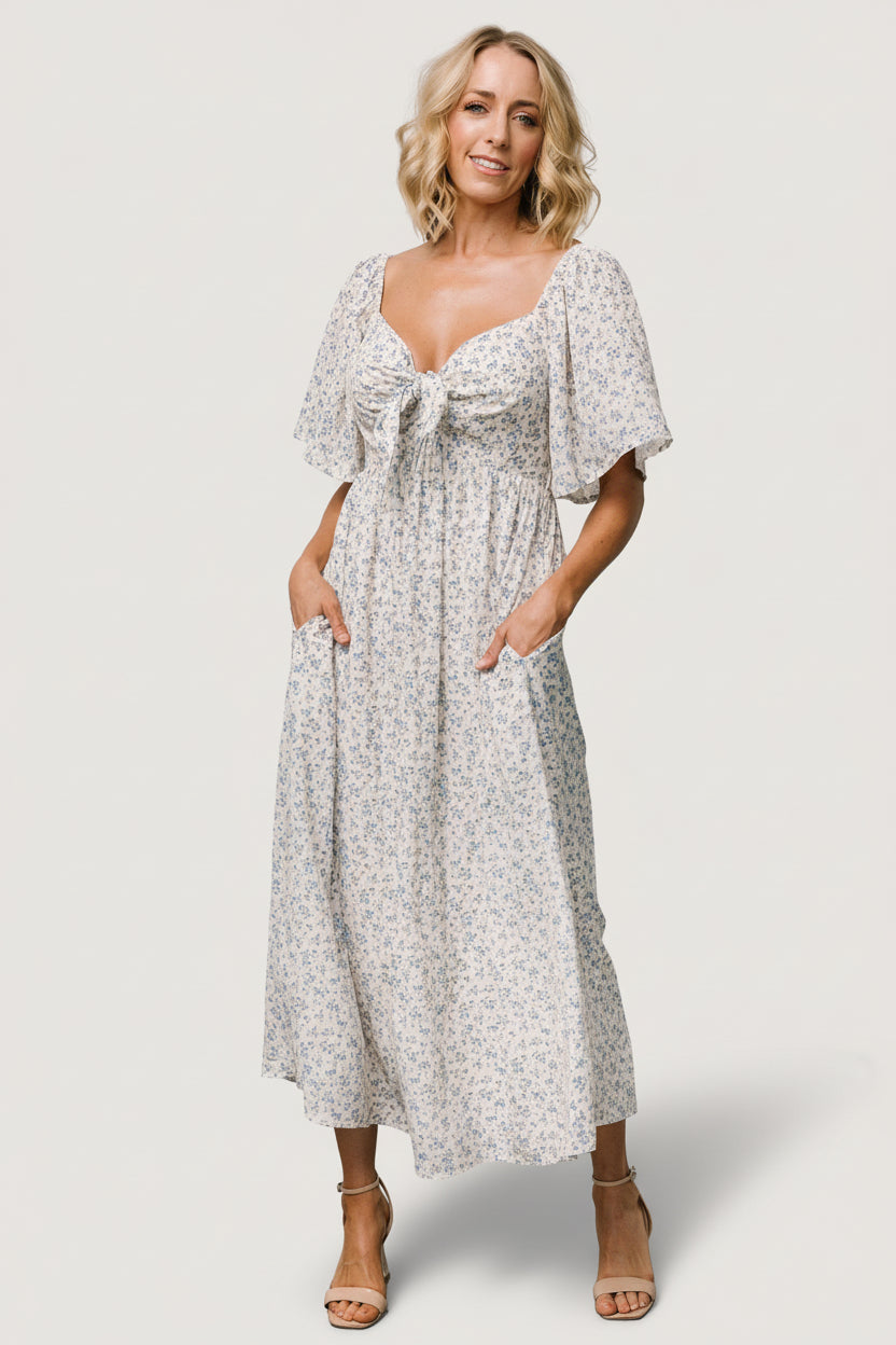 Carah Tie Dress | Off White + Blue Floral