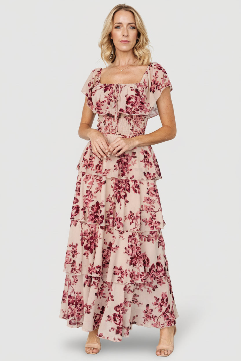 Carina Off Shoulder Maxi Dress | Nude + Rose