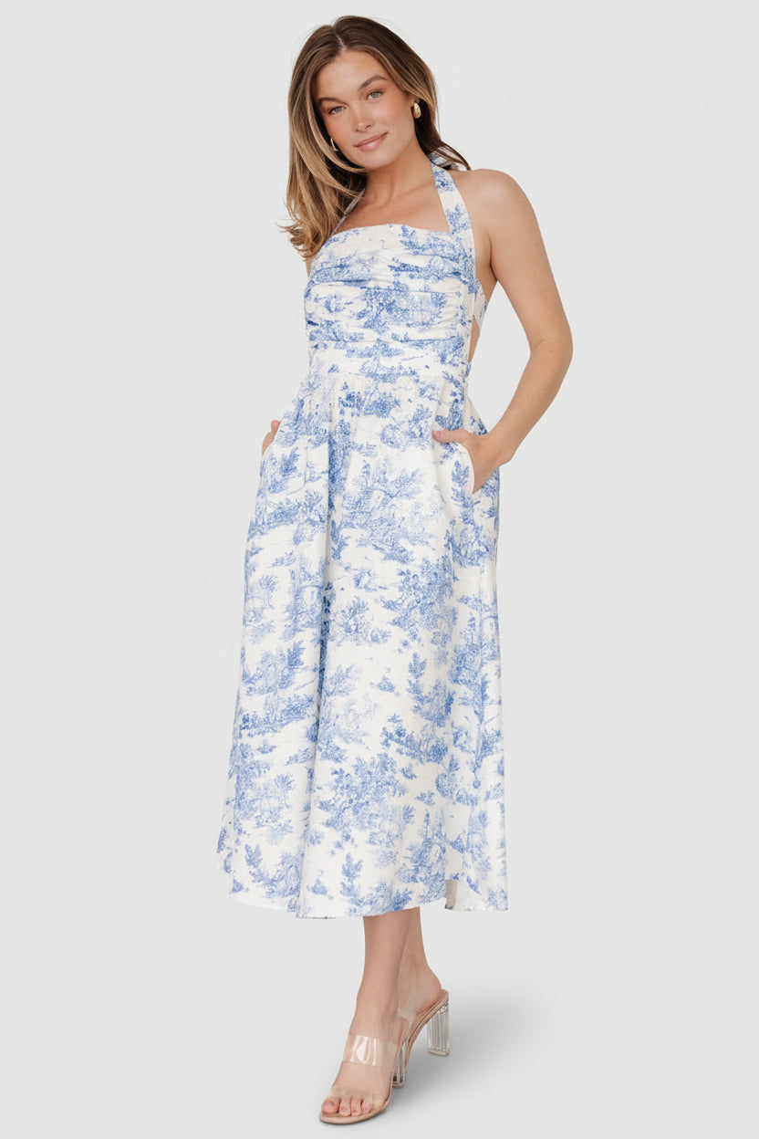 Baltic Born Womens Carolyn Halter Midi Dress | White + Blue | Size: Medium Baltic Born Womens Carolyn Halter Midi Dress | White + Blue | Size: Medium