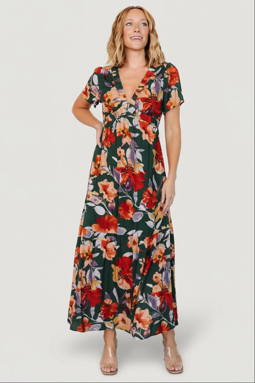 flower short sleeve dress Baltic Born Womens Cassie Short Sleeve Dress | Dark Green Floral