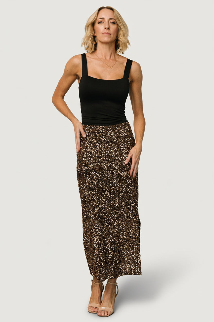 Charmed Sequin Midi Skirt | Bronze
