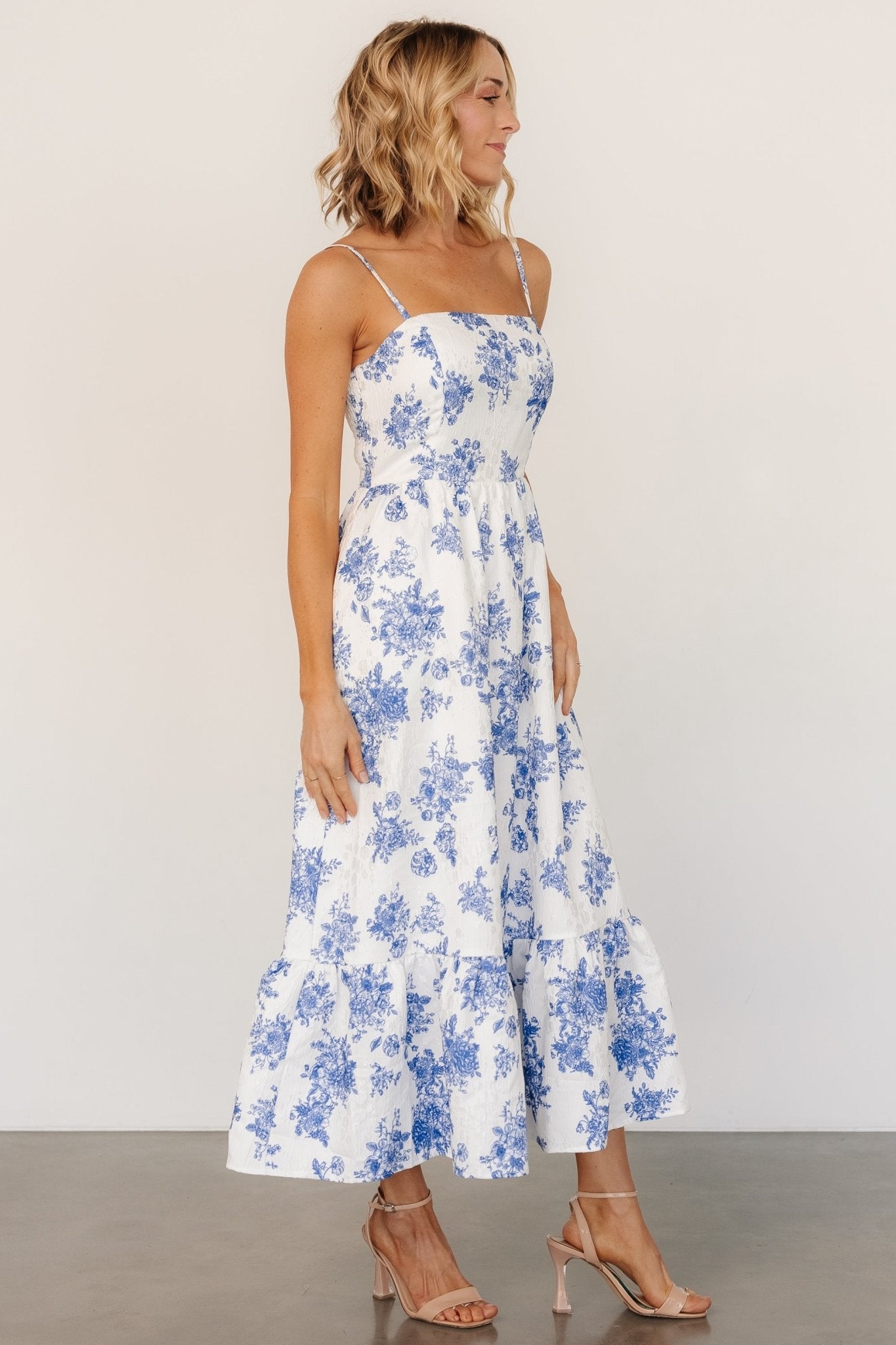 Cherie Jacquard Dress | Off White + Blue Floral - Baltic Born