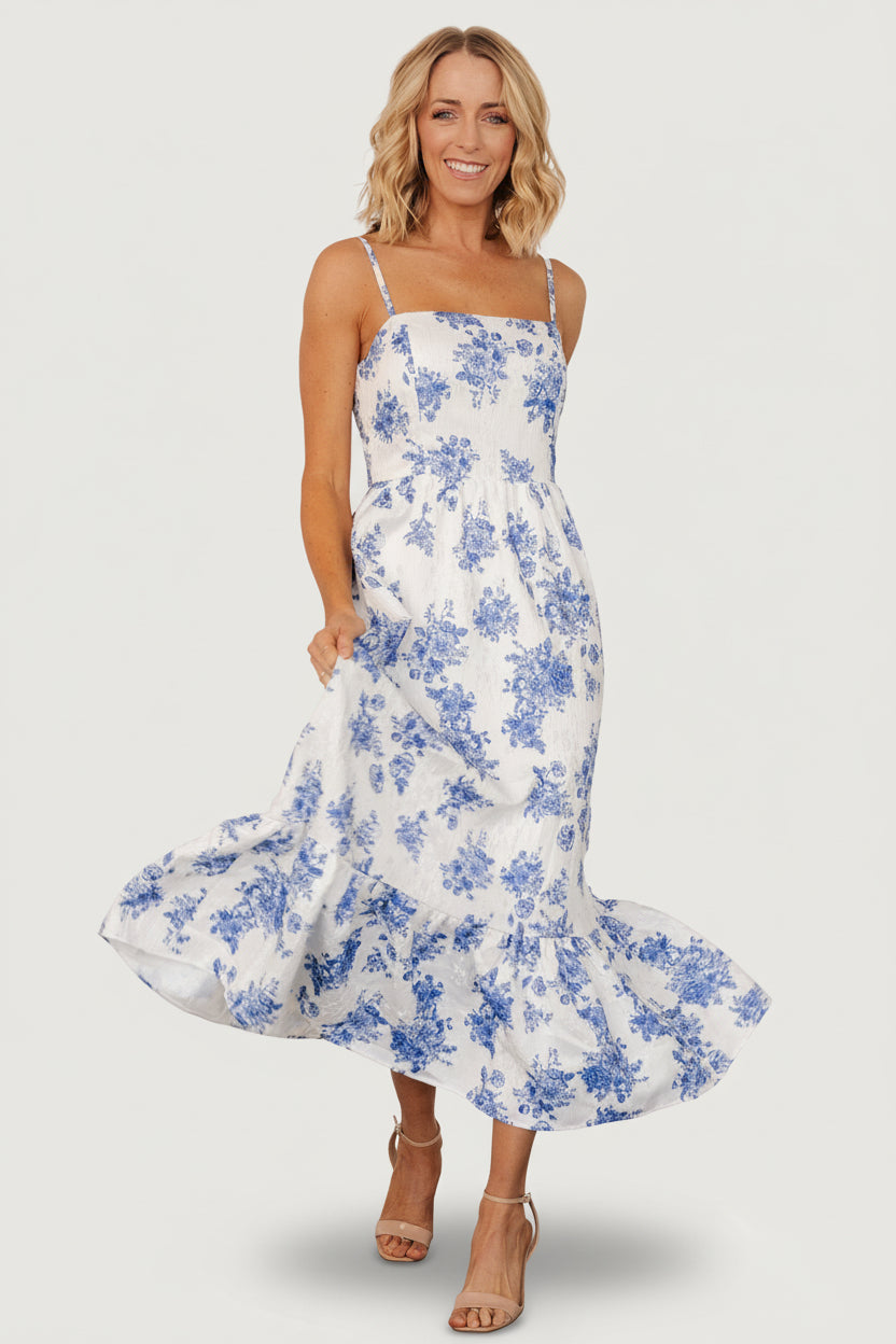 Cherie Jacquard Midi - Off-White & Blue Floral | Baltic Born L Cherie Jacquard Midi - Off-White & Blue Floral | Baltic Born L