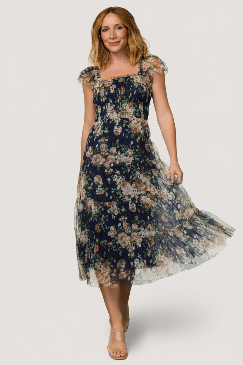 Baltic Born Womens Clementine Tulle Midi Dress | Blue + Golden Floral | Size: 2XL Baltic Born Womens Clementine Tulle Midi Dress | Blue + Golden Floral | Size: 2XL