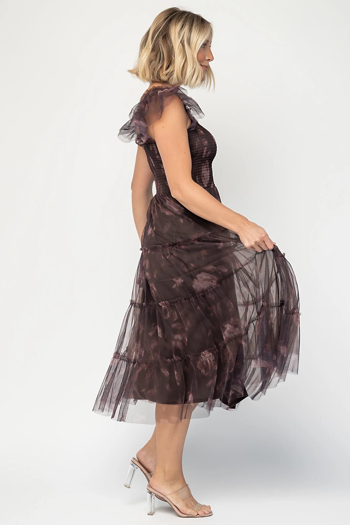 Clementine Tulle Midi Dress in Dark Clove Print with square neckline, smocked bodice, layered sleeves, and tiered tulle skirt.