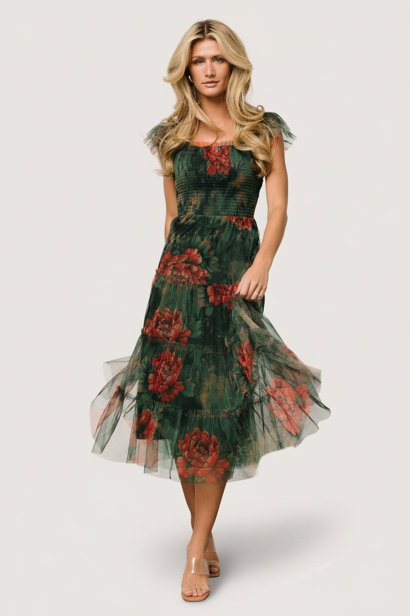 Clementine Tulle Midi Dress | Dark Green Floral