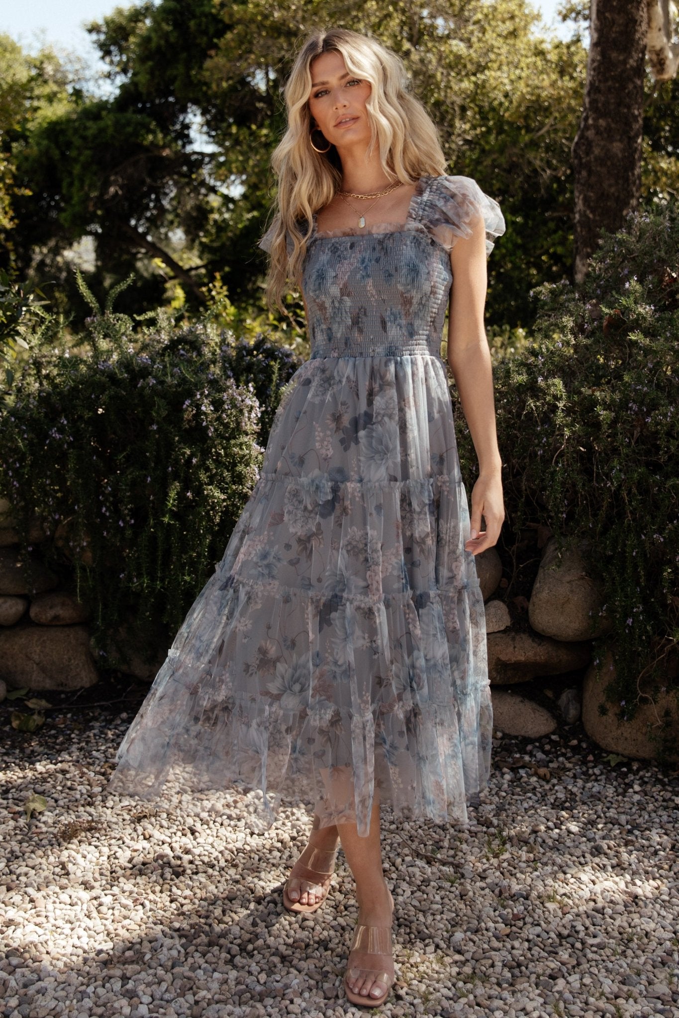 Clementine Tulle Midi Dress Dusty Blue Floral
