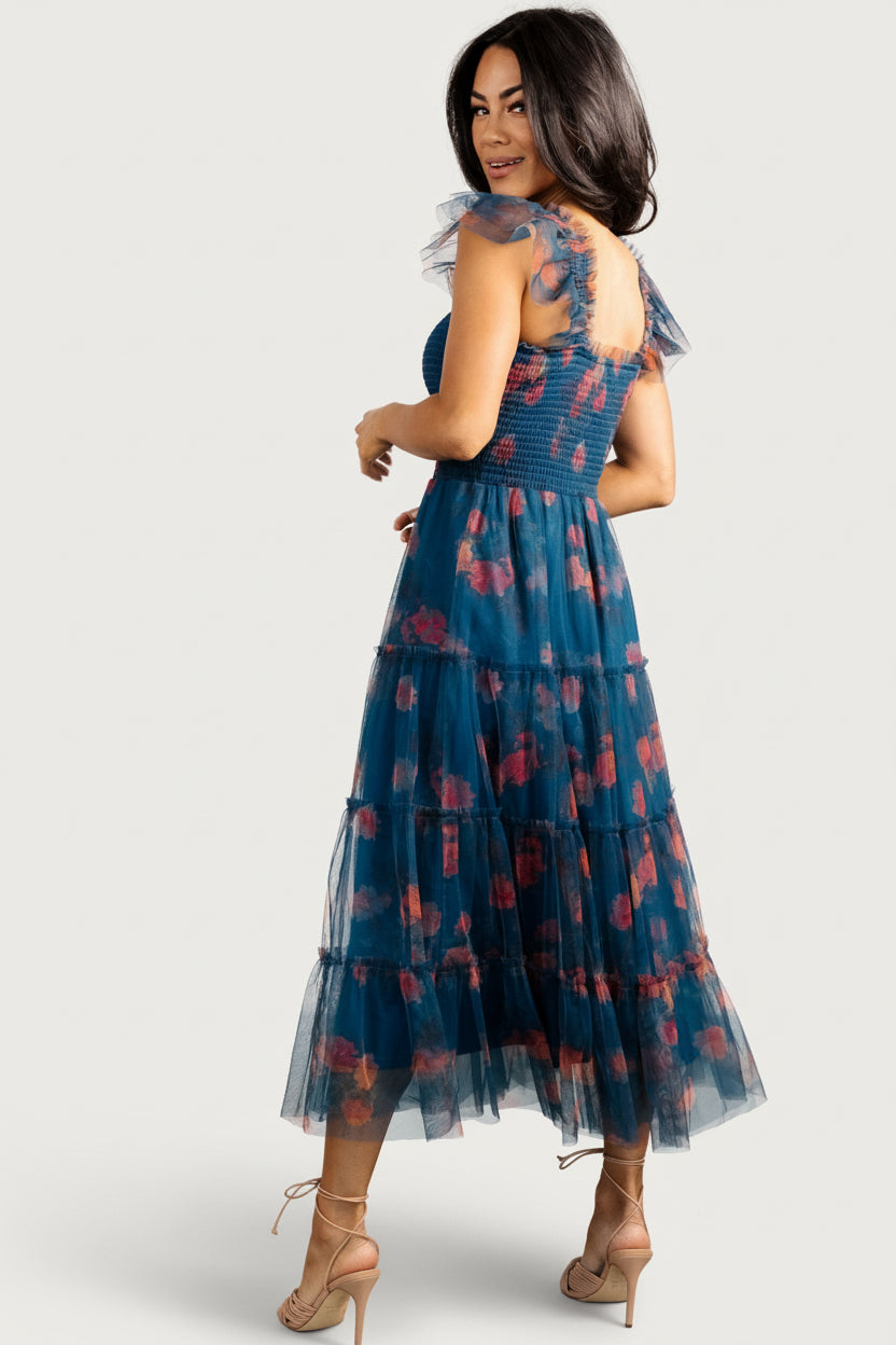 Clementine Tulle Midi Dress | Persian Blue + Rust