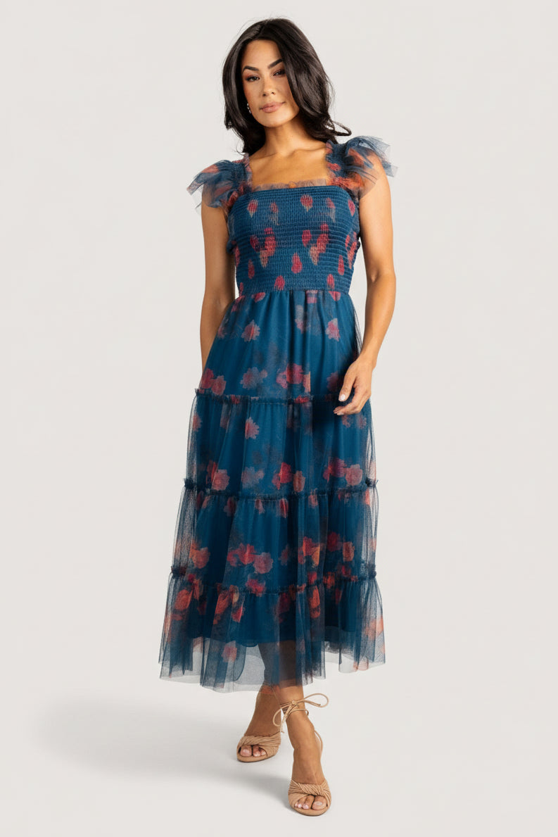 Clementine Tulle Midi Dress | Persian Blue + Rust