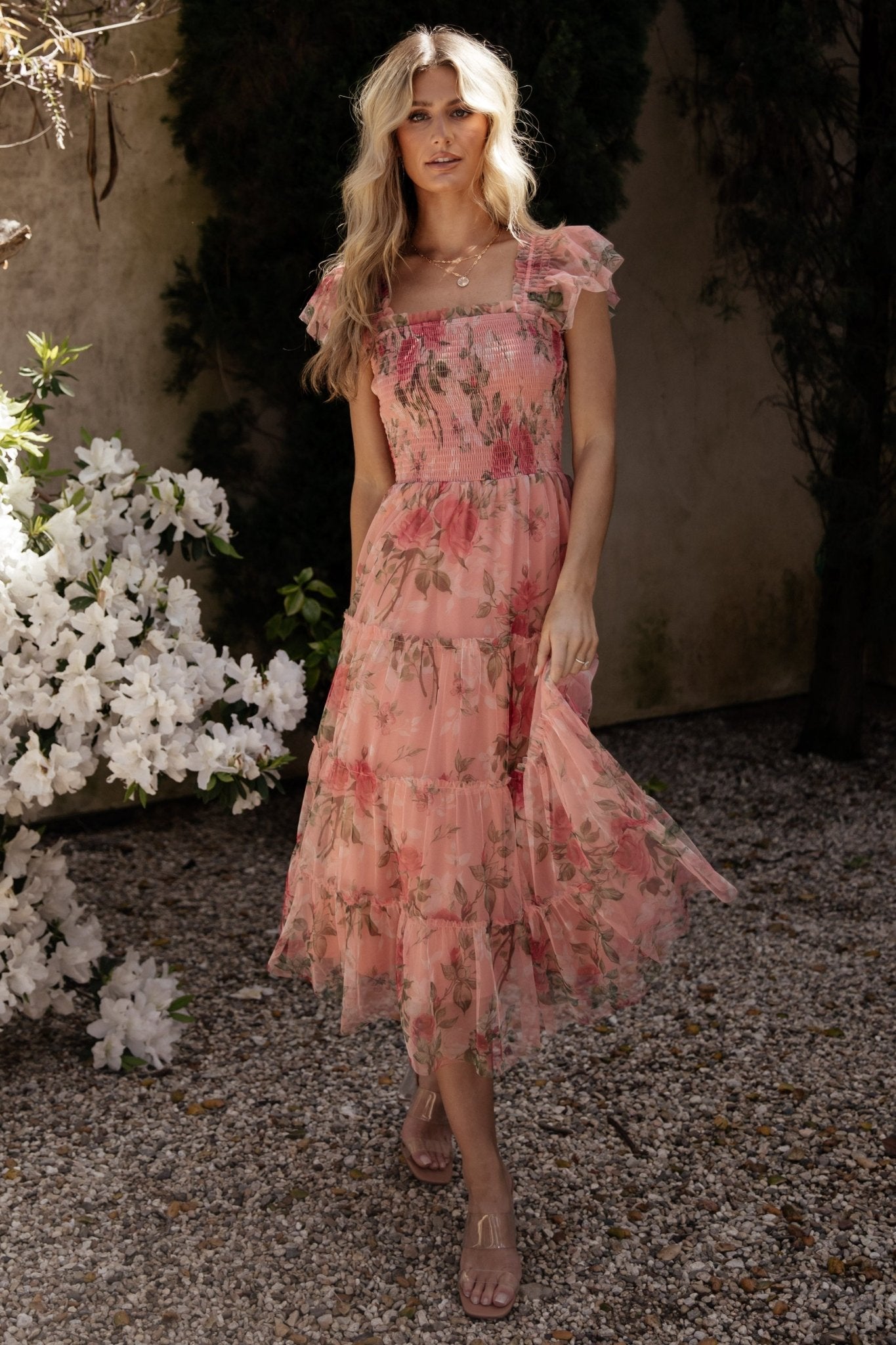 Clementine Tulle Midi Dress Pink Rose Floral - Main Image