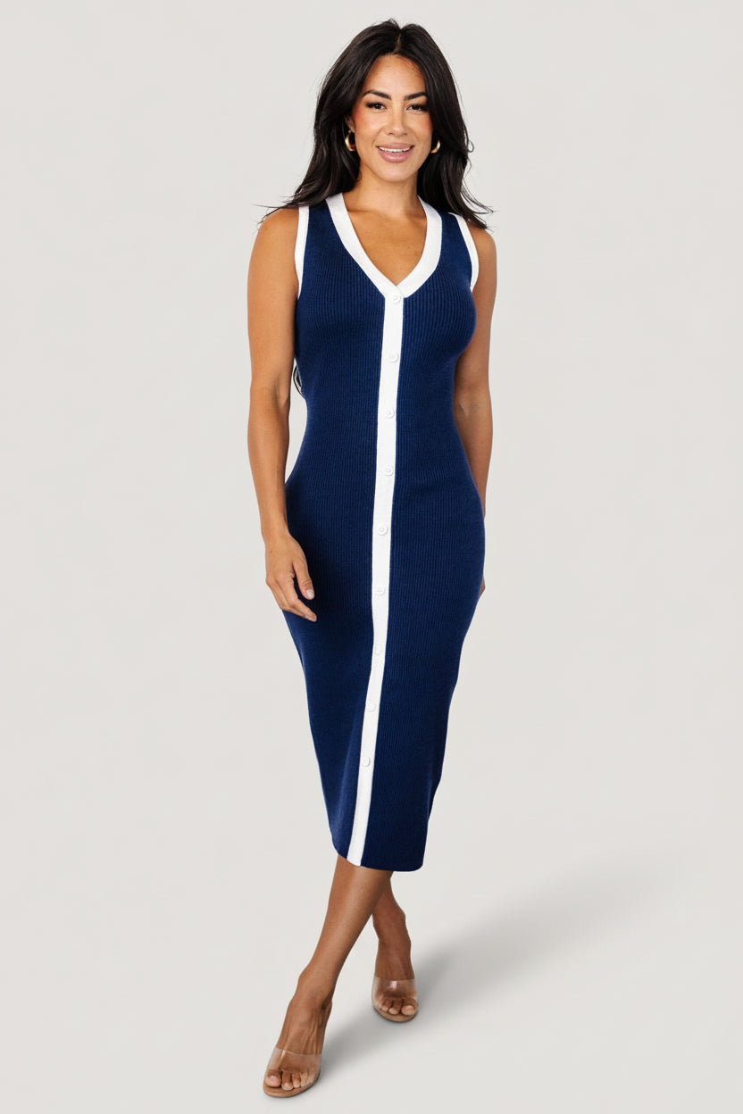 Baltic Born Womens Coley Ribbed Button Dress | Navy + Off White | Size: XL Baltic Born Womens Coley Ribbed Button Dress | Navy + Off White | Size: XL