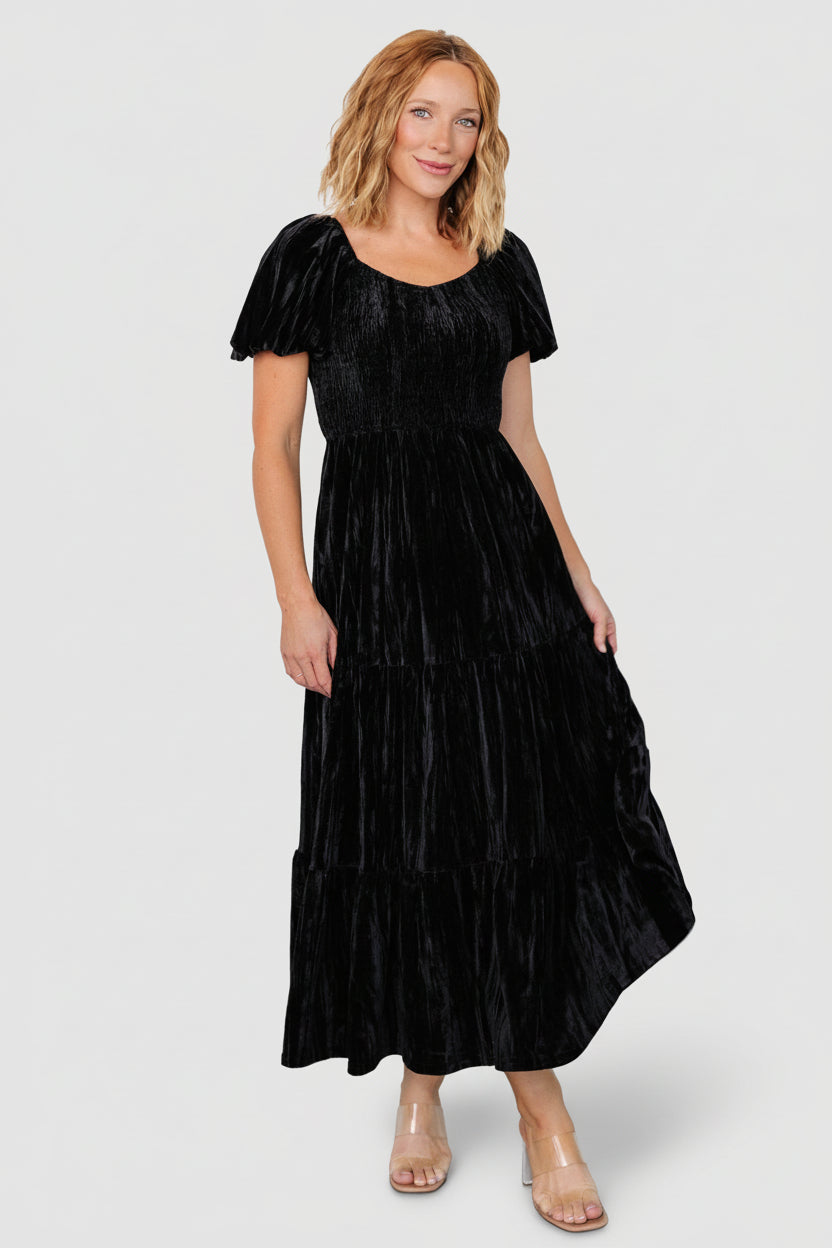 Colleen Velvet Maxi Dress — Smocked V-Neck