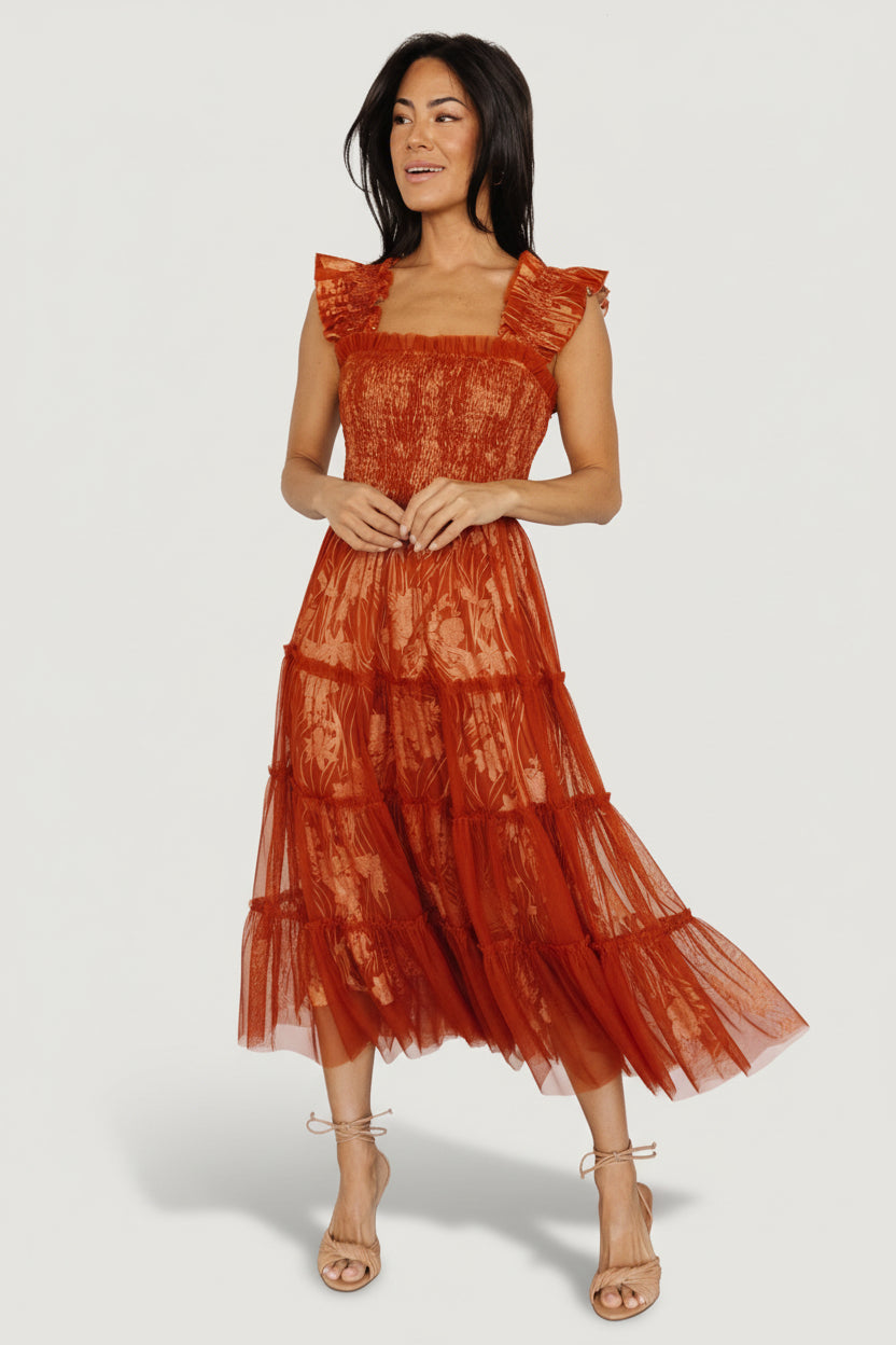 Baltic Born Womens Cora Smocked Tulle Dress | Rust Floral | Size: 3XL Baltic Born Womens Cora Smocked Tulle Dress | Rust Floral | Size: 3XL