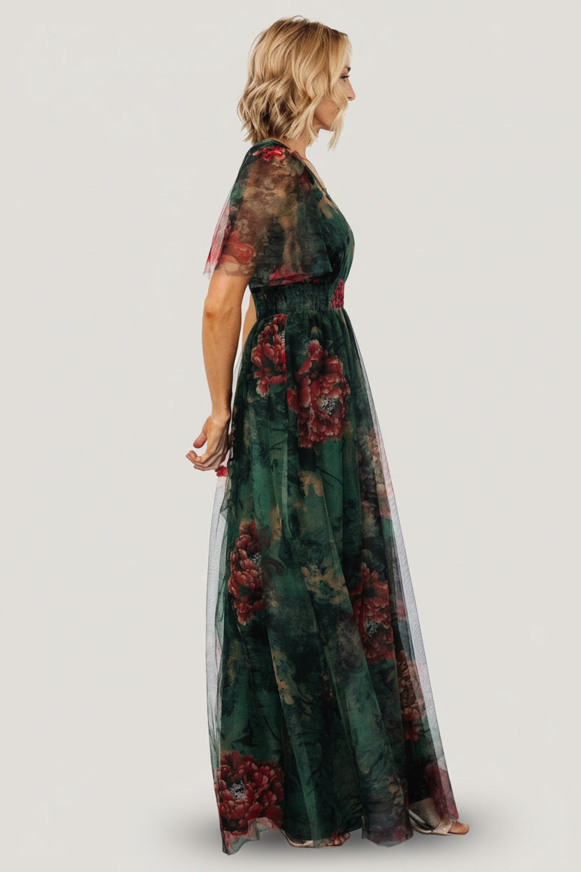 Cressida Tulle Maxi Dress | Dark Green + Red Floral
