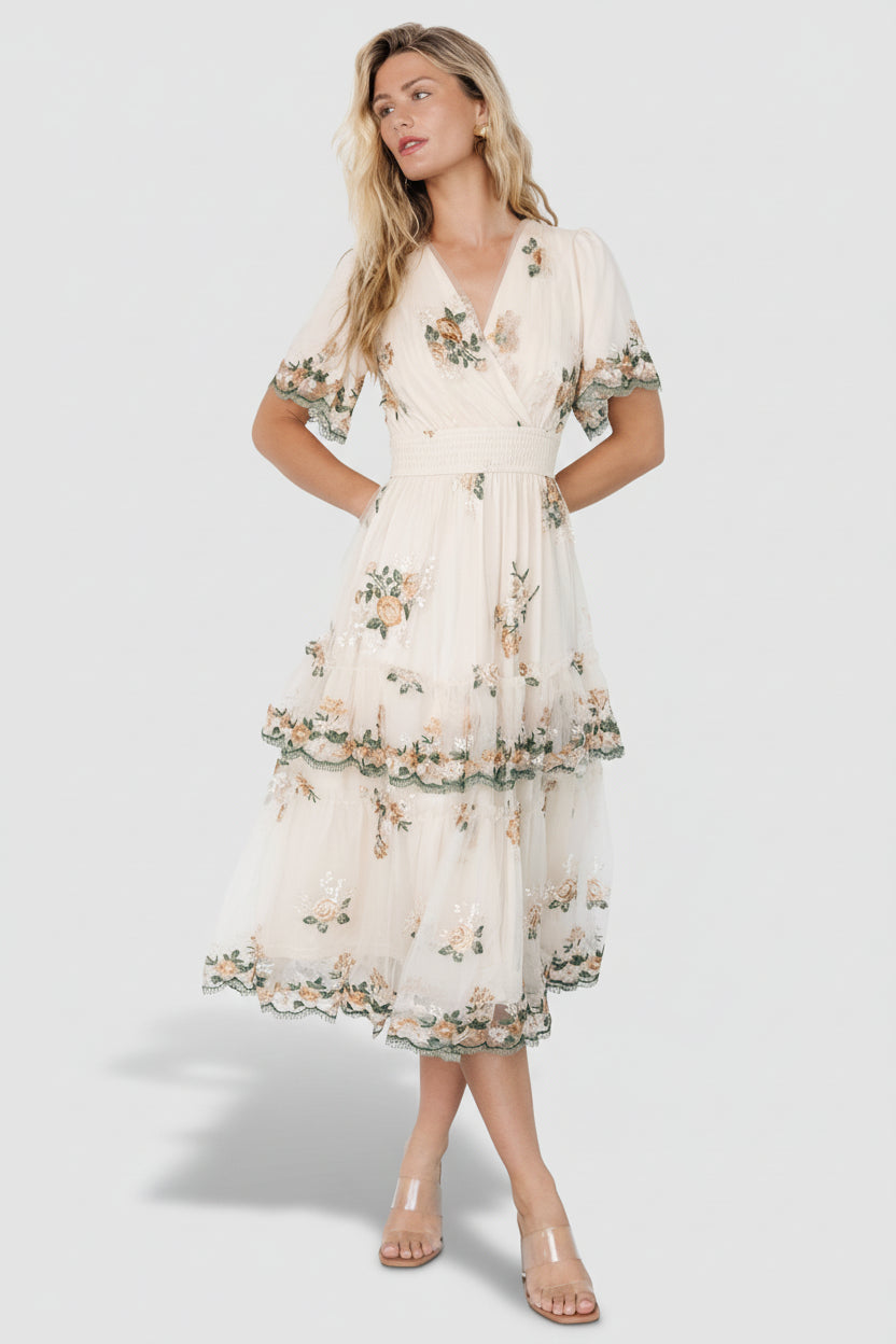 Cynthia Cream Floral Embroidered Midi Dress | Baltic Born L Cynthia Cream Floral Embroidered Midi Dress | Baltic Born L