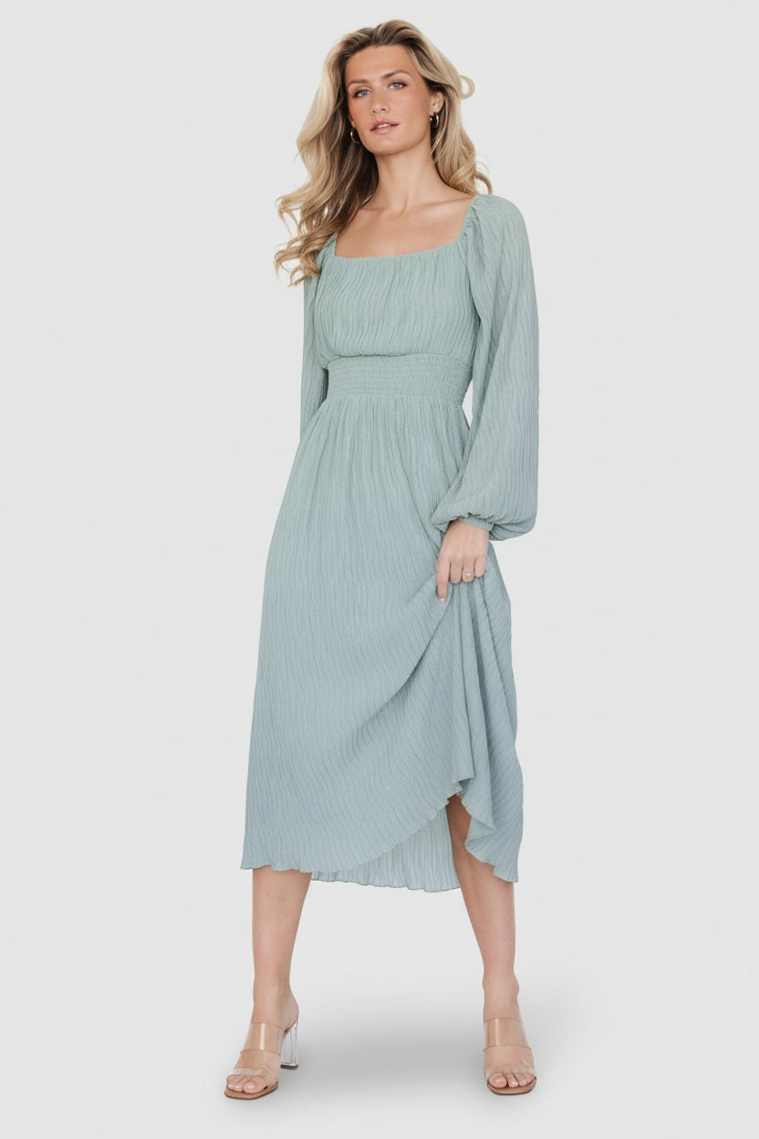 green emerald velvet dress Dalton Pleated Midi Dress in Light Sage