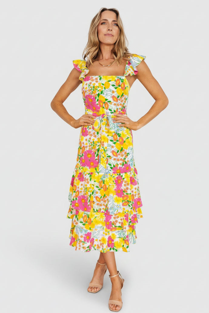 Baltic Born Womens Dani Ruffle Tiered Midi Dress | Multi Floral | Size: XS Baltic Born Womens Dani Ruffle Tiered Midi Dress | Multi Floral | Size: XS