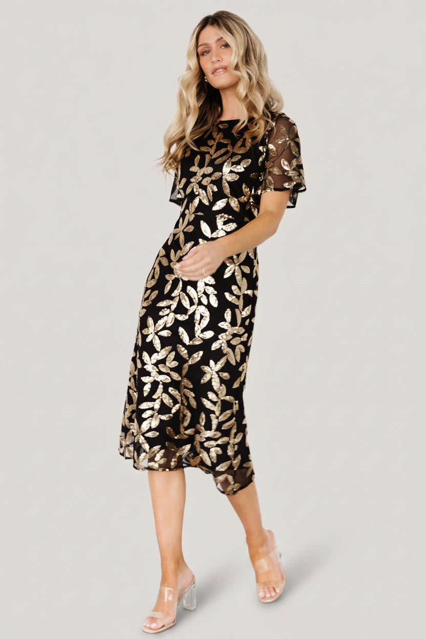 Deanna Sequin Midi Dress | Black + Gold