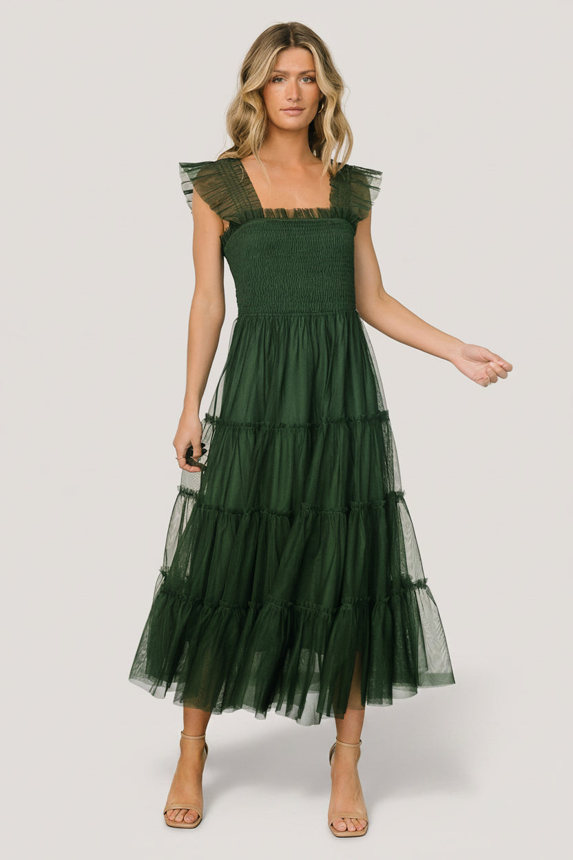 Emma Smocked Tulle Midi Dress, Green