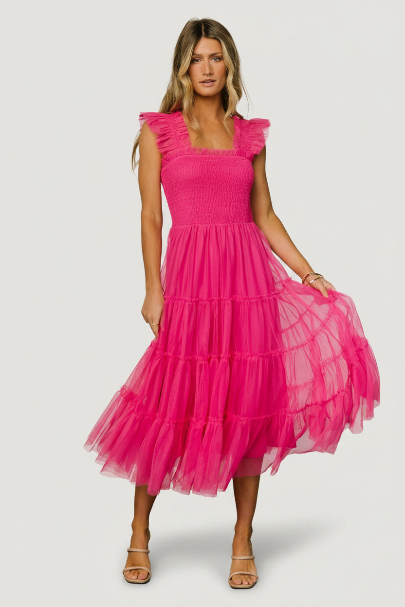 Baltic Born Womens Emma Smocked Tulle Dress | Hot Pink | Size: Large Baltic Born Womens Emma Smocked Tulle Dress | Hot Pink | Size: Large