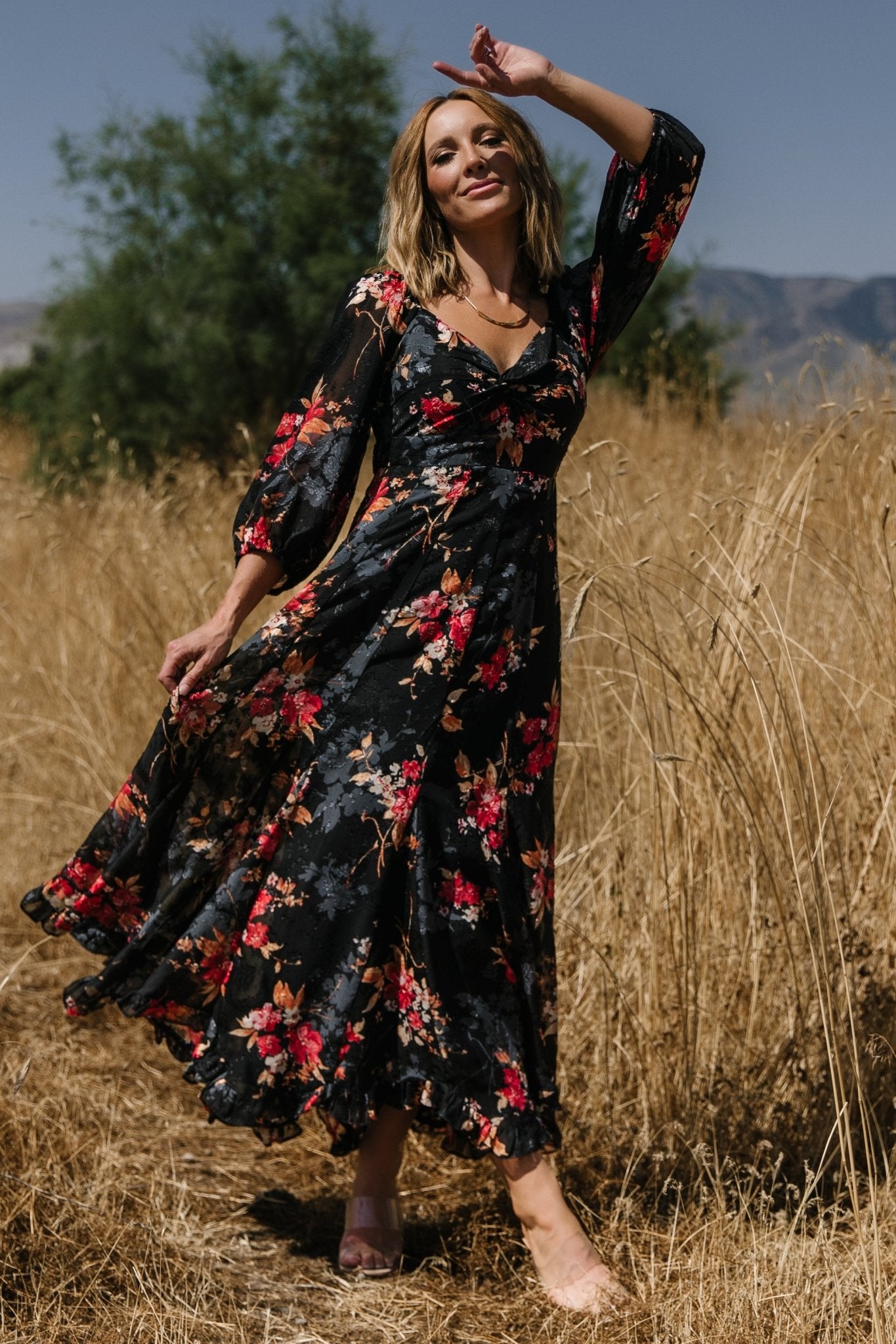 long sleeve floral maxi dress Luna Dusty Rose/Light Brown / S it offers a luxurious feel similar to real silk but is easier to care for and more cost Just Feels Right Fuchsia Pink