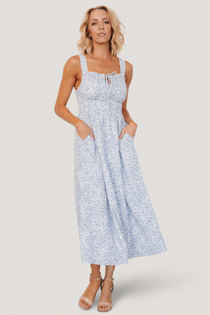 Evonne Midi Dress Blue Floral, Ruffled Neck | Baltic Born XL Evonne Midi Dress Blue Floral, Ruffled Neck | Baltic Born XL