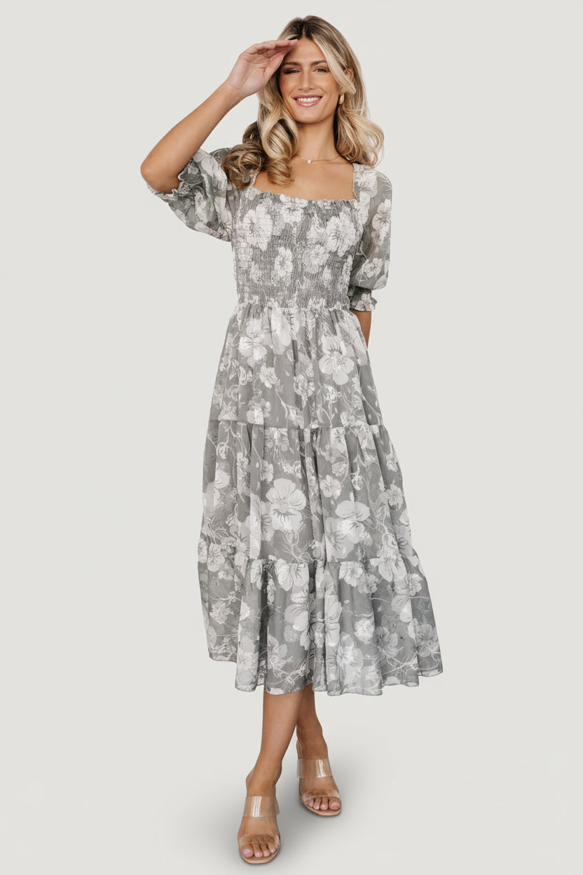 Floral diagonal check flare dress グレー Fabian Jacquard Midi Dress | Dusty Sage