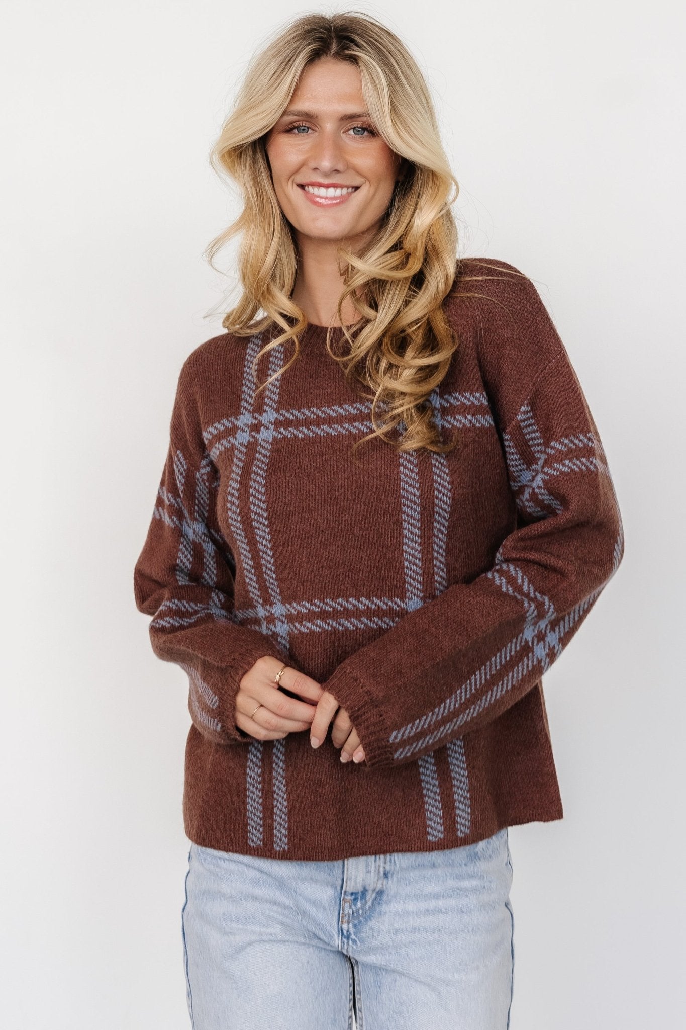 Francie Sweater Brown Blue Plaid - Main Image