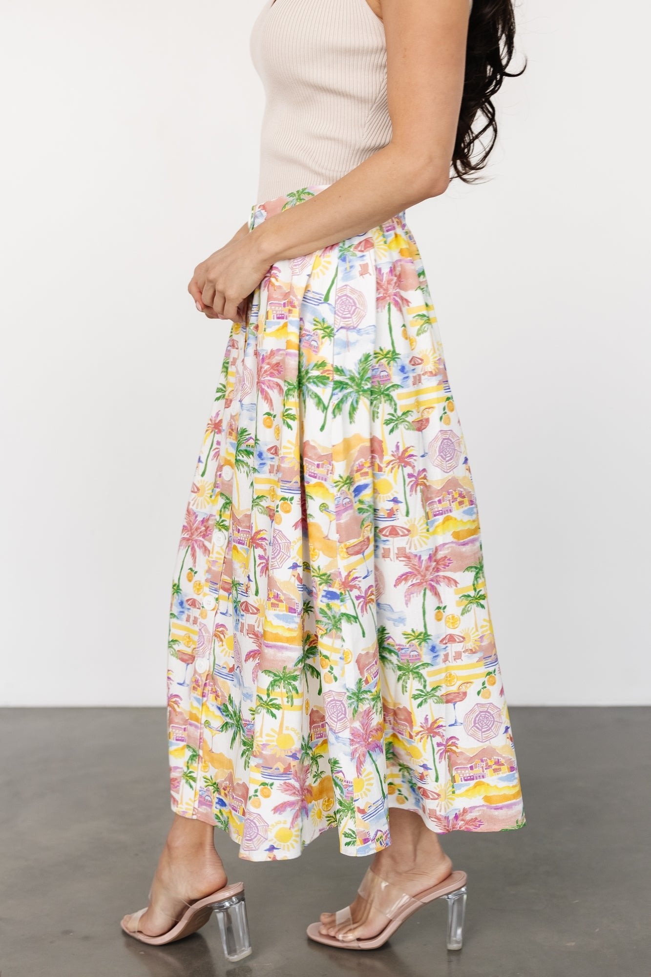 Gigi Button Midi Skirt | Off White + Multi Print - Baltic Born