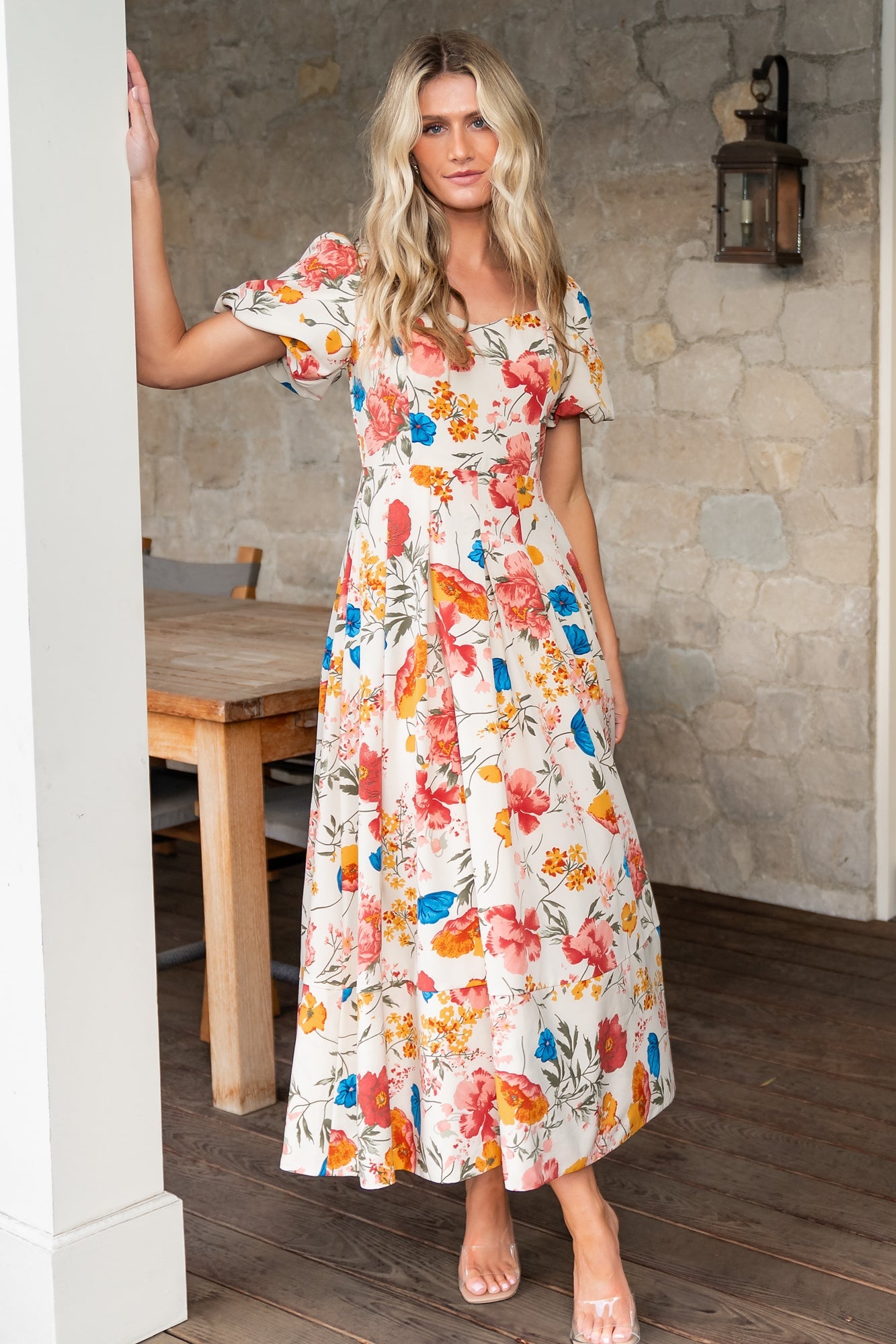 Greta Pleated Maxi Dress Cream Multi Floral