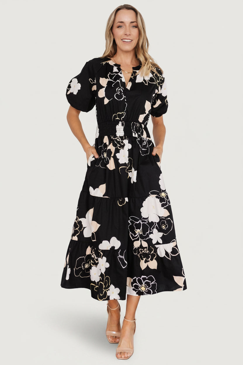 Hacienda Tiered Midi Dress - Black Multi | Baltic Born XS Hacienda Tiered Midi Dress - Black Multi | Baltic Born XS