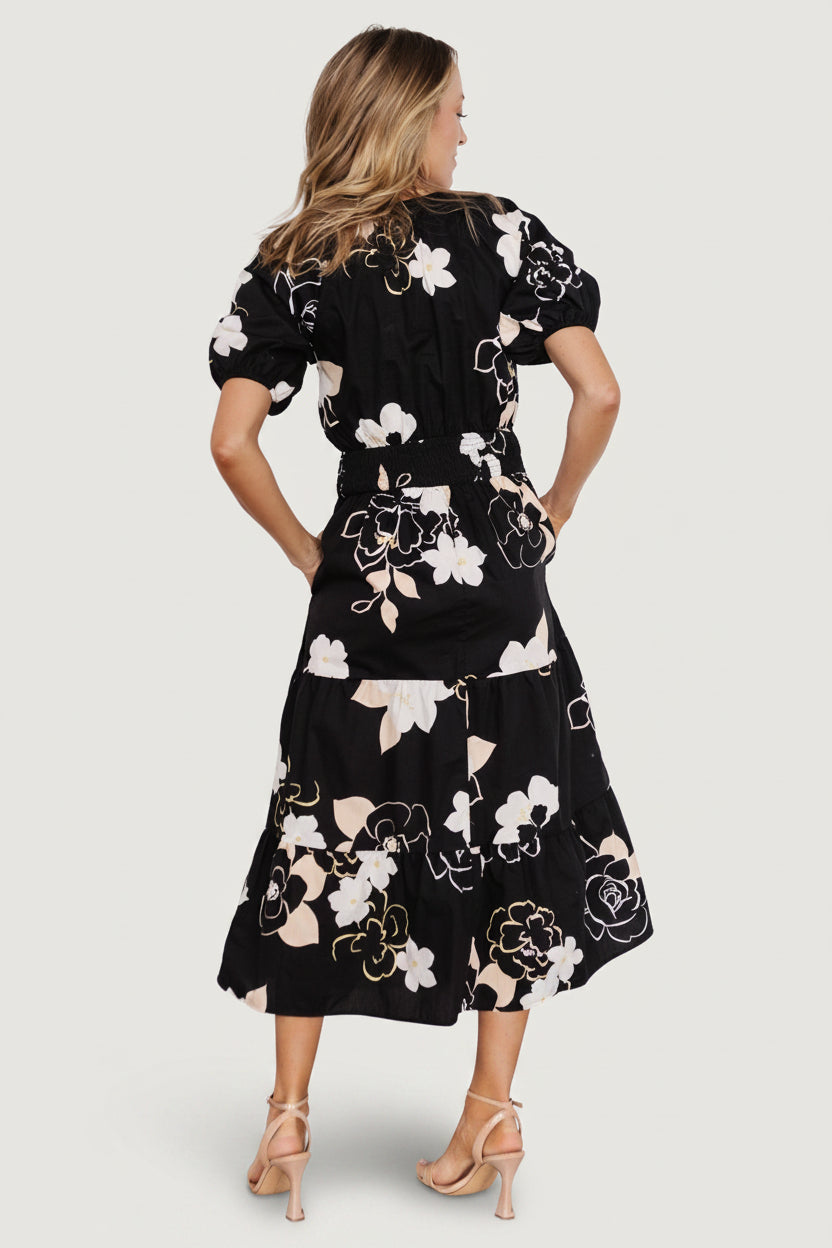 Hacienda Tiered Midi Dress | Black Multi