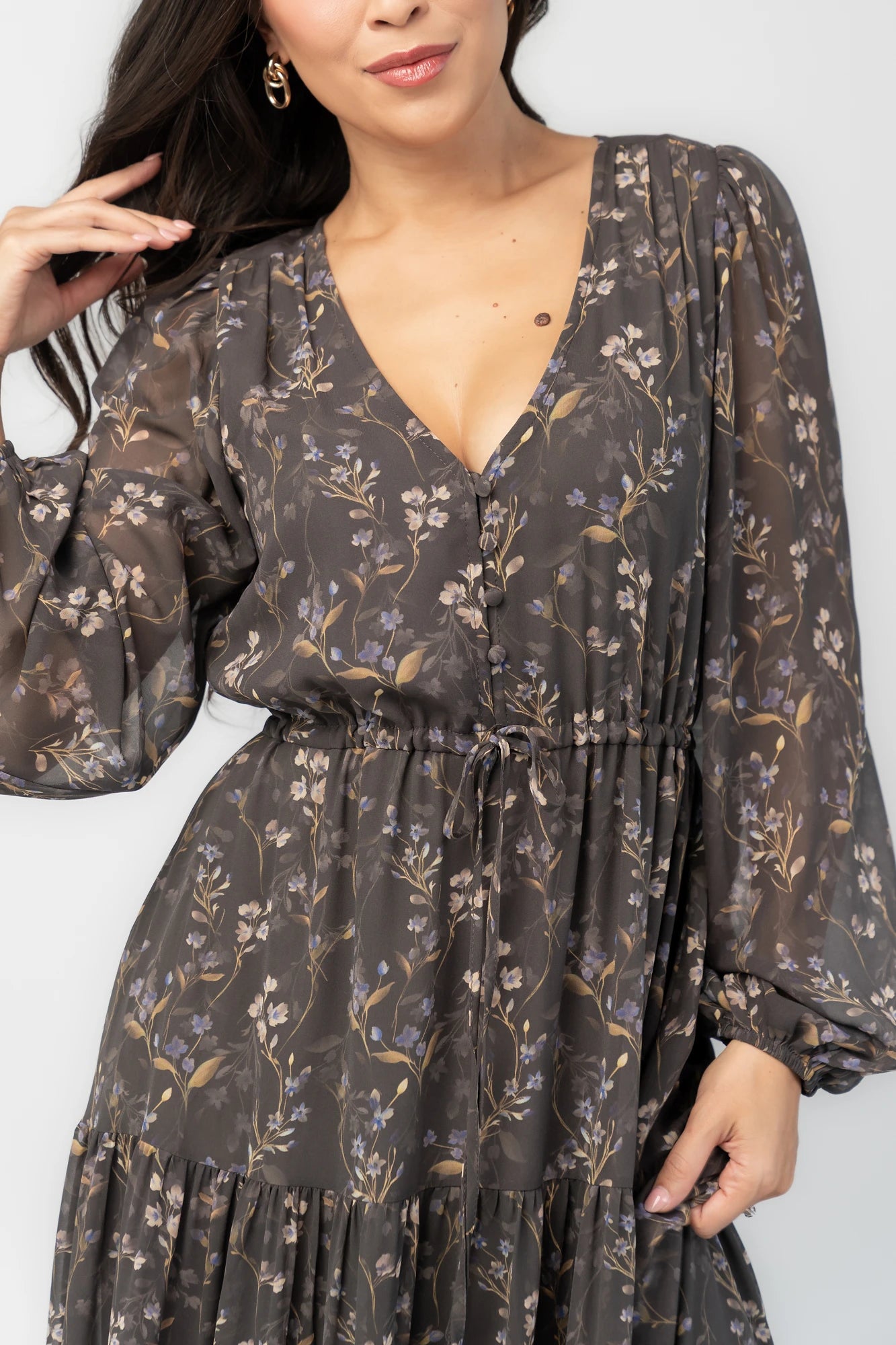 Hazel Boho Maxi Dress in Dusk Floral with V-neck, sheer long sleeves, drawstring waist, and tiered skirt.