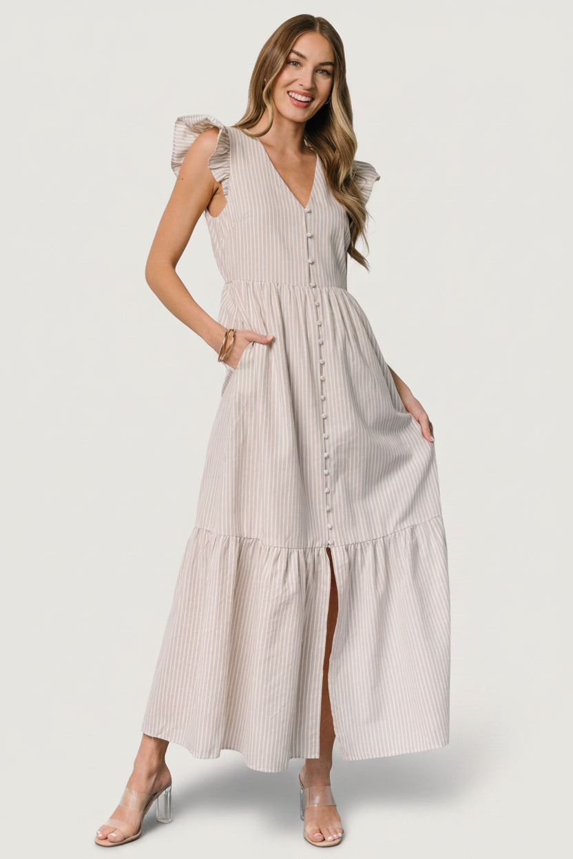 beige stripe dress Petal and Pup Women's Henry Striped Midi Dress main image 0