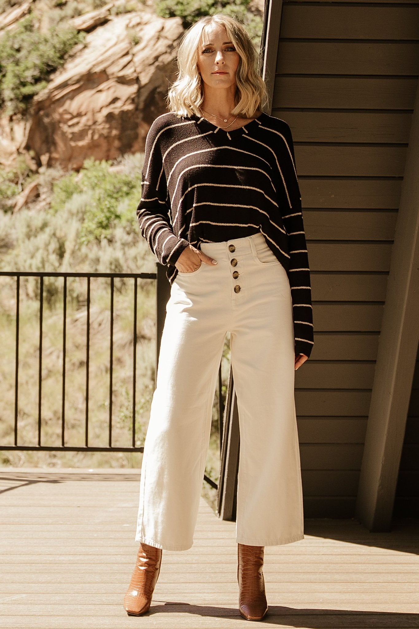 Houston Relaxed Sweater Top Black Stripe - Main Image