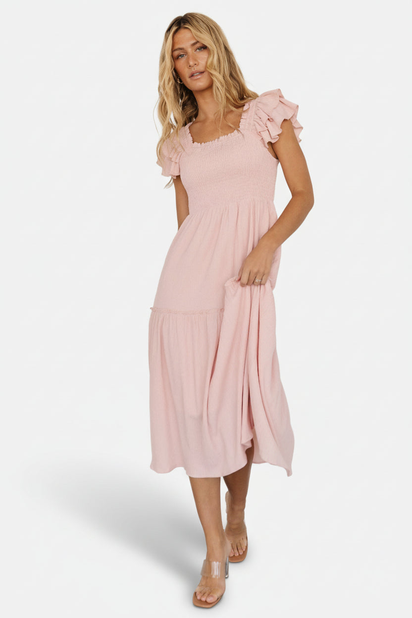 open lace back dress Baby Pink Smocked Open Back Halter Maxi Dress main image 0