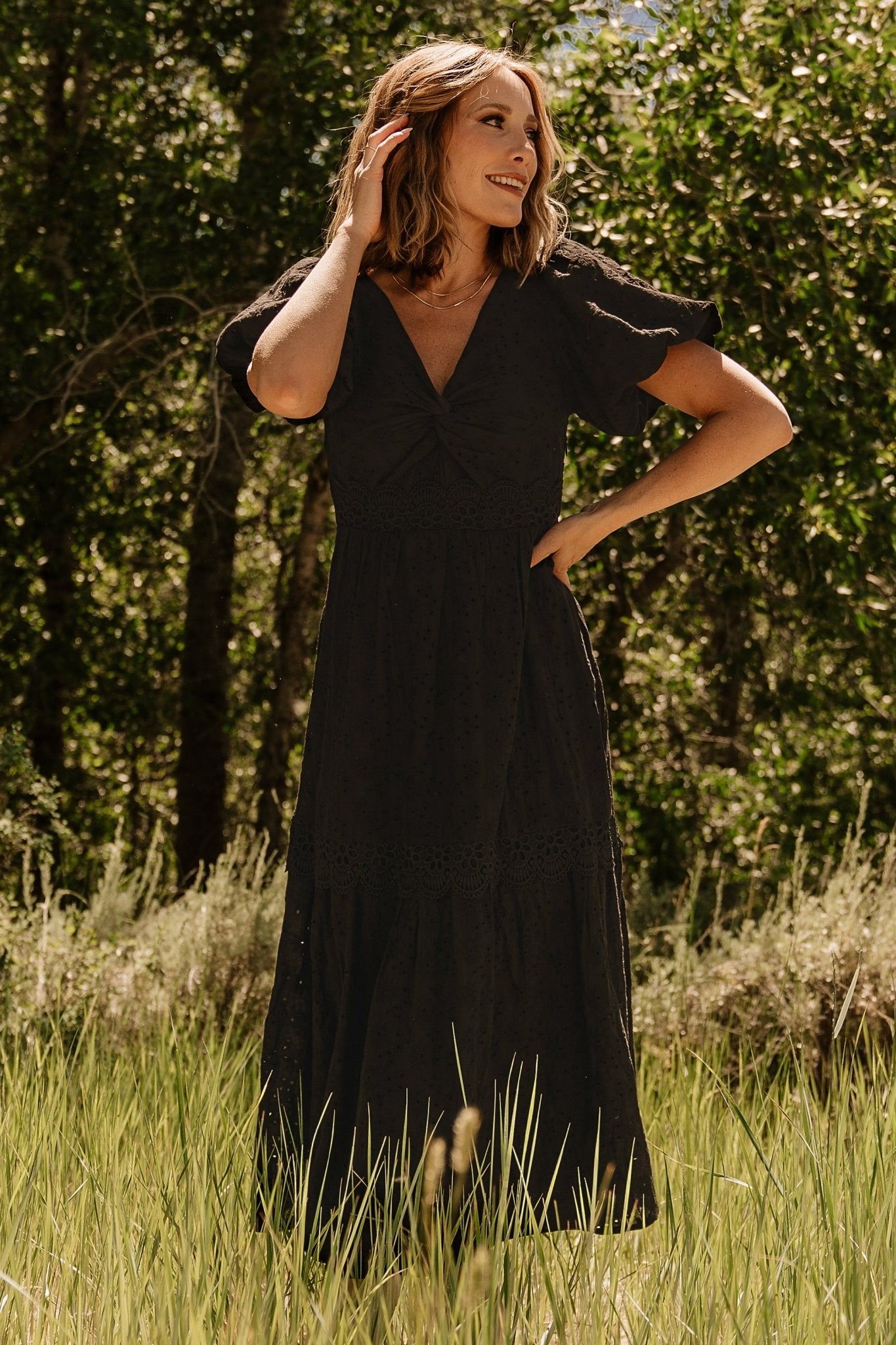 Jackie Eyelet Maxi Dress - Black V-Neck Maxi | Baltic Born S Jackie Eyelet Maxi Dress - Black V-Neck Maxi | Baltic Born S
