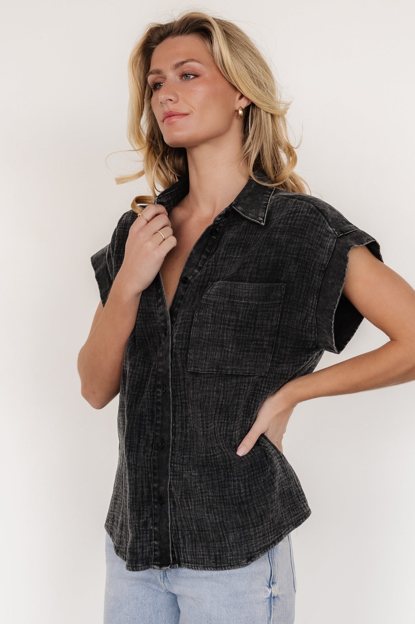 Jaye Button Top | Washed Black - Baltic Born